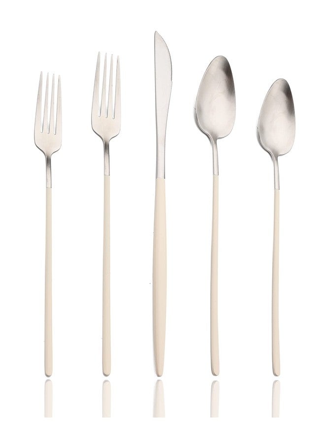 JASHII Slim Handle Silverware Set 20 Pieces, 304 Stainless Steel Colorful Flatware Set, Titanium Plating Cutlery Set, Utensil Sets for Home Dinner Service for 4, Dishwasher Safe - Beige&Silver - Image 1